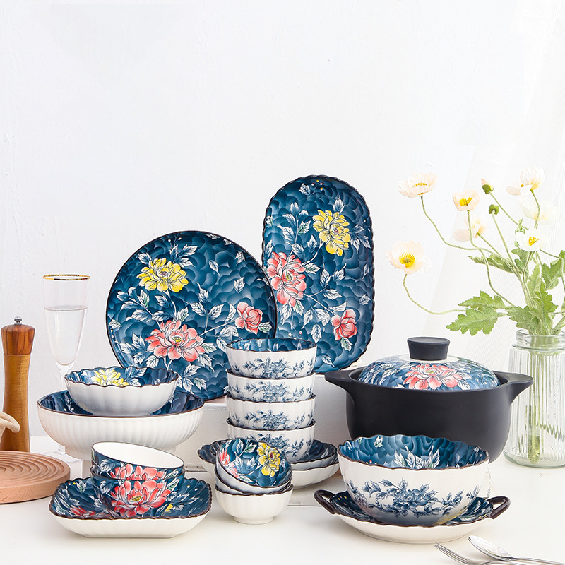 Red peony high appearance level baking pan bowl