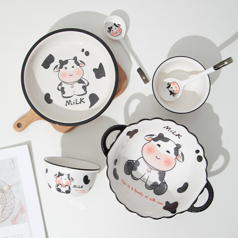 Cartoon children cow bowl and plate combination