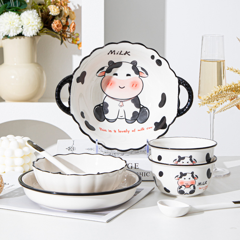 Cartoon children cow bowl and plate combination
