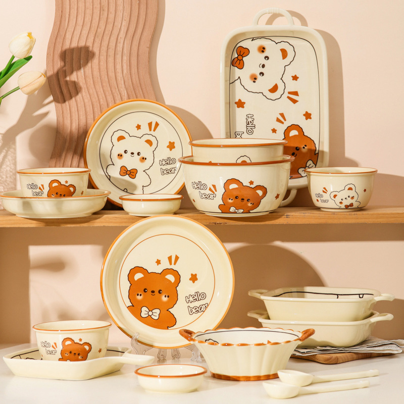 Cute bear cutlery set Two ear rice bowl plate