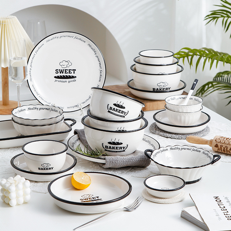 Black and white rice bowl, rice spoon, dinner plate