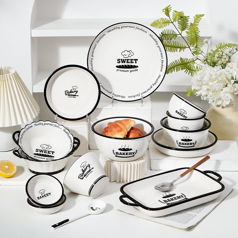 Black and white rice bowl, rice spoon, dinner plate