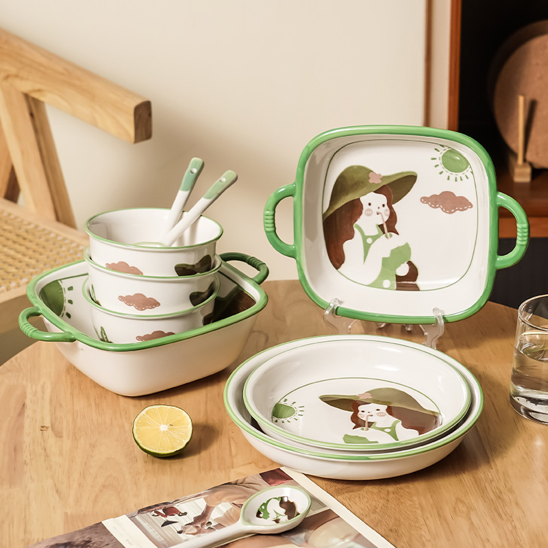 Cartoon Little girl ceramic bowl and plate set